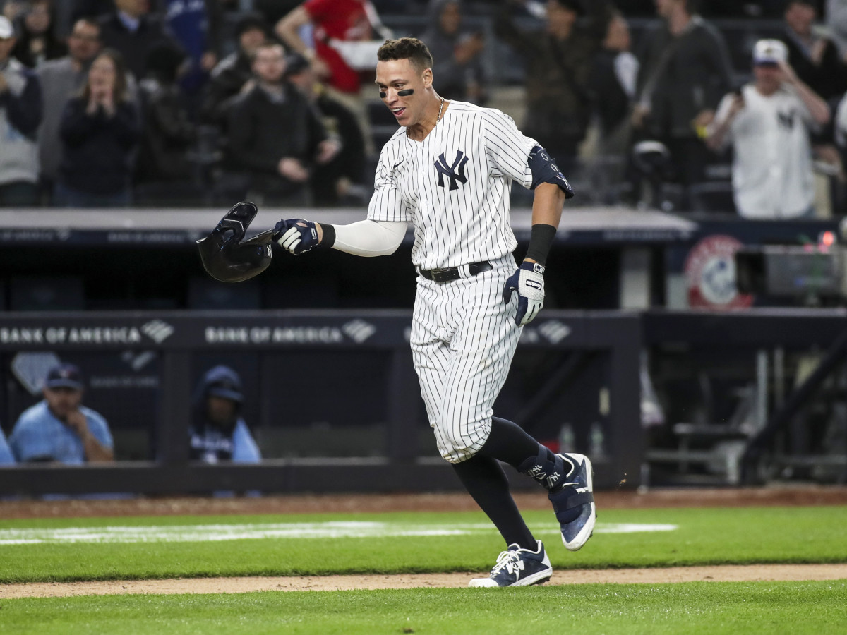 May 10, 2022; Bronx, New York, USA;  New York Yankees center fielder Aaron Judge (99) rounds the bases after hitting a walk-off three-run home run to defeat the Toronto Blue Jays 6-5 at Yankee Stadium.