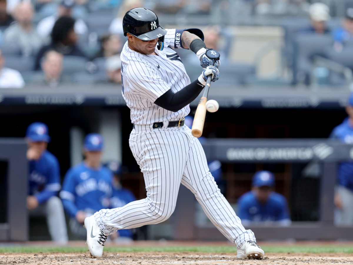 May 11, 2022; Bronx, New York, USA; New York Yankees second baseman Gleyber Torres (25) hits a three run home run against the Toronto Blue Jays during the fourth inning at Yankee Stadium.