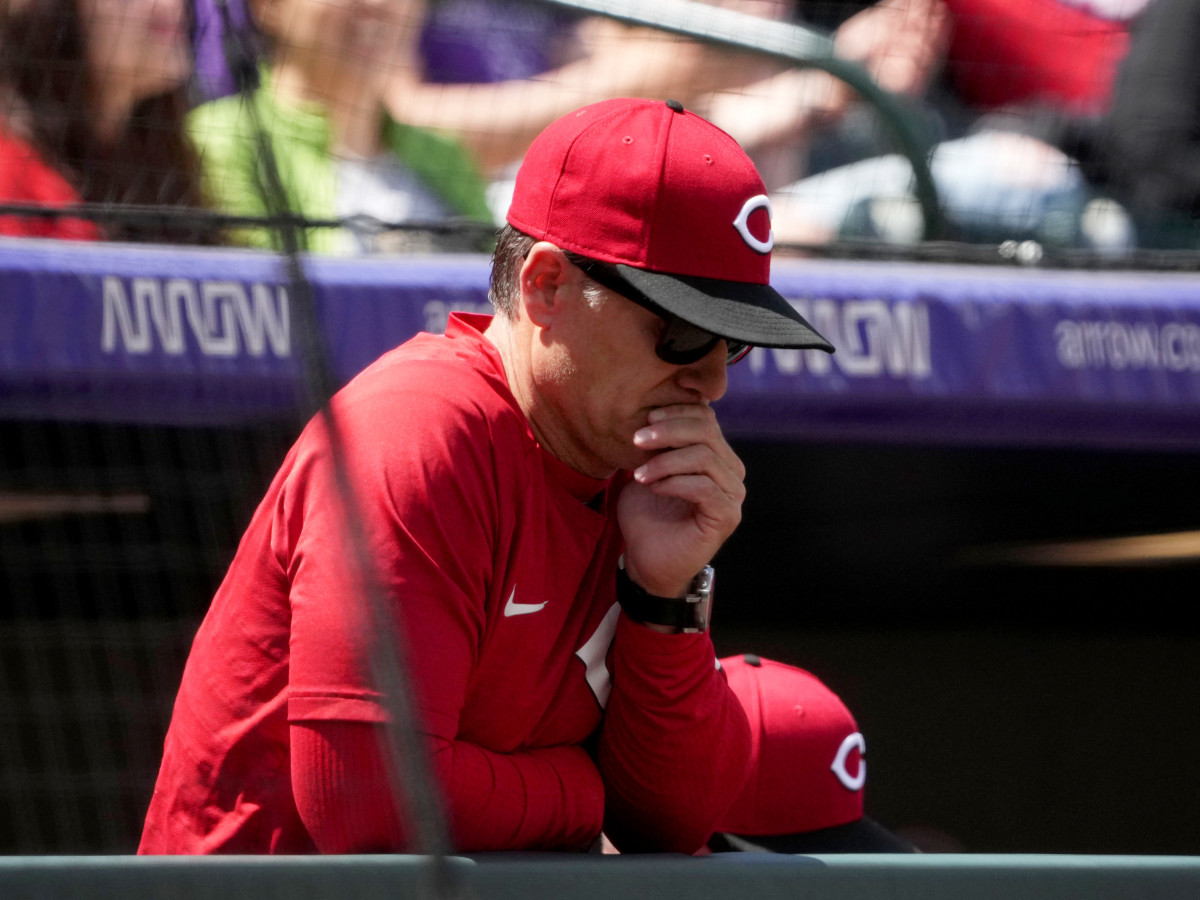 May 1, 2022; Denver, Colorado, USA; Cincinnati Reds manager David Bell (25) during the first inning against the Colorado Rockies at Coors Field.