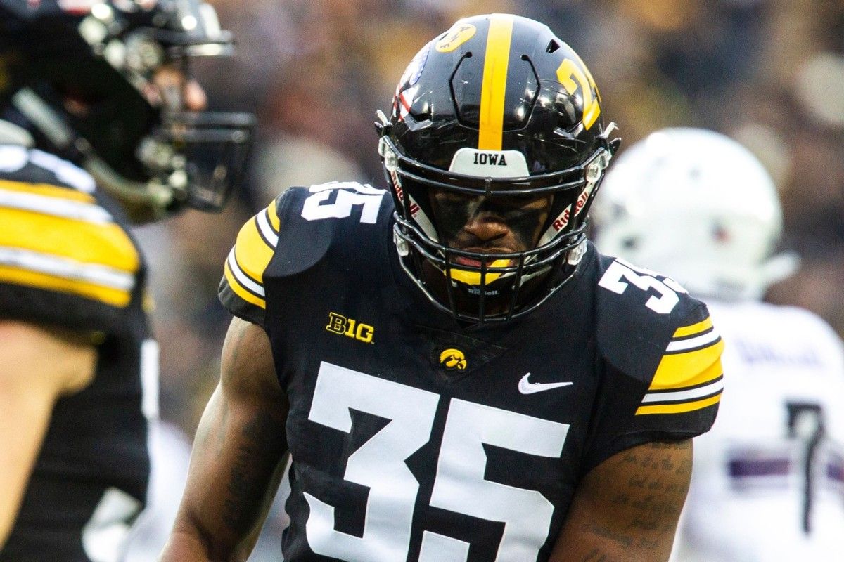 Iowa linebacker Barrington Wade (35) reacts after getting a stop on a kickoff during a Big Ten Conference football game on Saturday, Nov. 10, 2018, at Kinnick Stadium in Iowa City.
