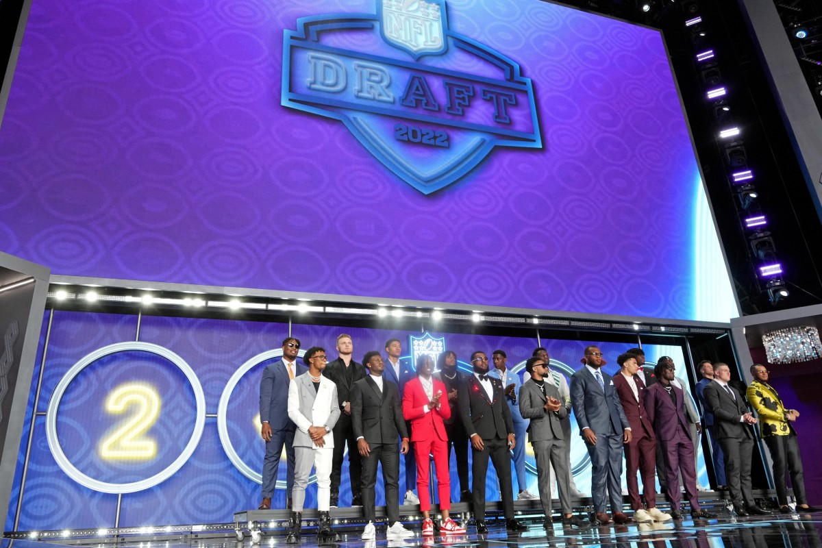 Apr 28, 2022; Las Vegas, NV, USA; Draft prospects take the stage before the first round of the 2022 NFL Draft at the NFL Draft Theater.