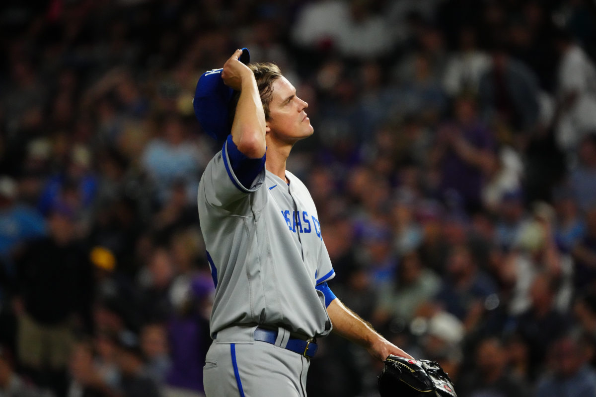May 13, 2022; Denver, Colorado, USA; Kansas City Royals starting pitcher Zack Greinke (23) leaves the mound in the fifth inning against the Colorado Rockies at Coors Field. Mandatory Credit: Ron Chenoy-USA TODAY Sports