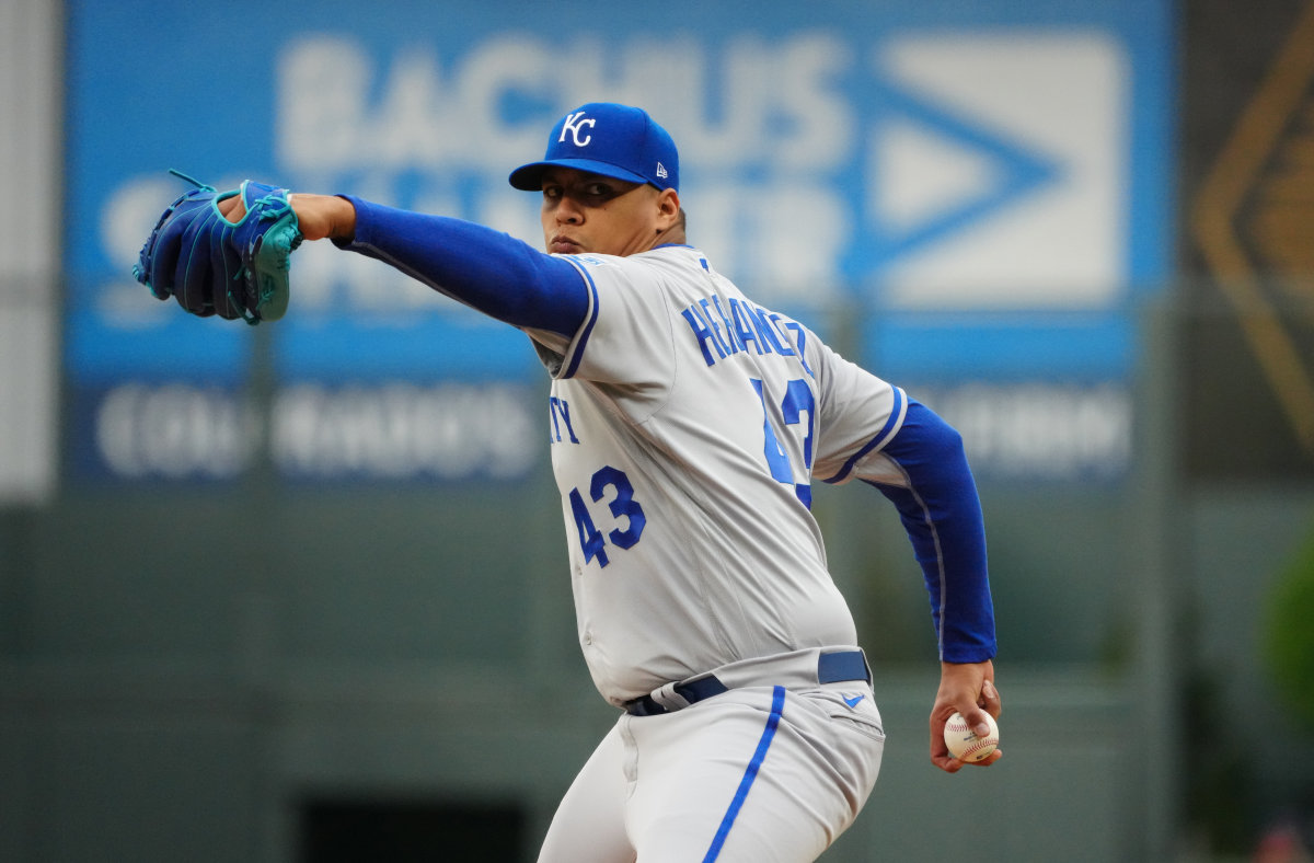 May 14, 2022; Denver, Colorado, USA; Kansas City Royals relief pitcher Carlos Hernandez (43) delivers a pitch in the first inning against the Colorado Rockies at Coors Field. Mandatory Credit: Ron Chenoy-USA TODAY Sports
