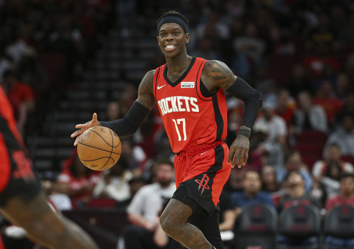 Houston Rockets guard Dennis Schroder (17) brings the ball up the court during the third quarter against the Memphis Grizzlies at Toyota Center