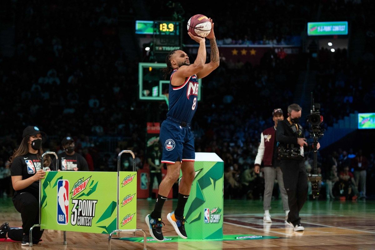 Brooklyn Nets guard Patty Mills (8) during the 3-Point Contest during the 2022 NBA All-Star Saturday Night at Rocket Mortgage Field House.
