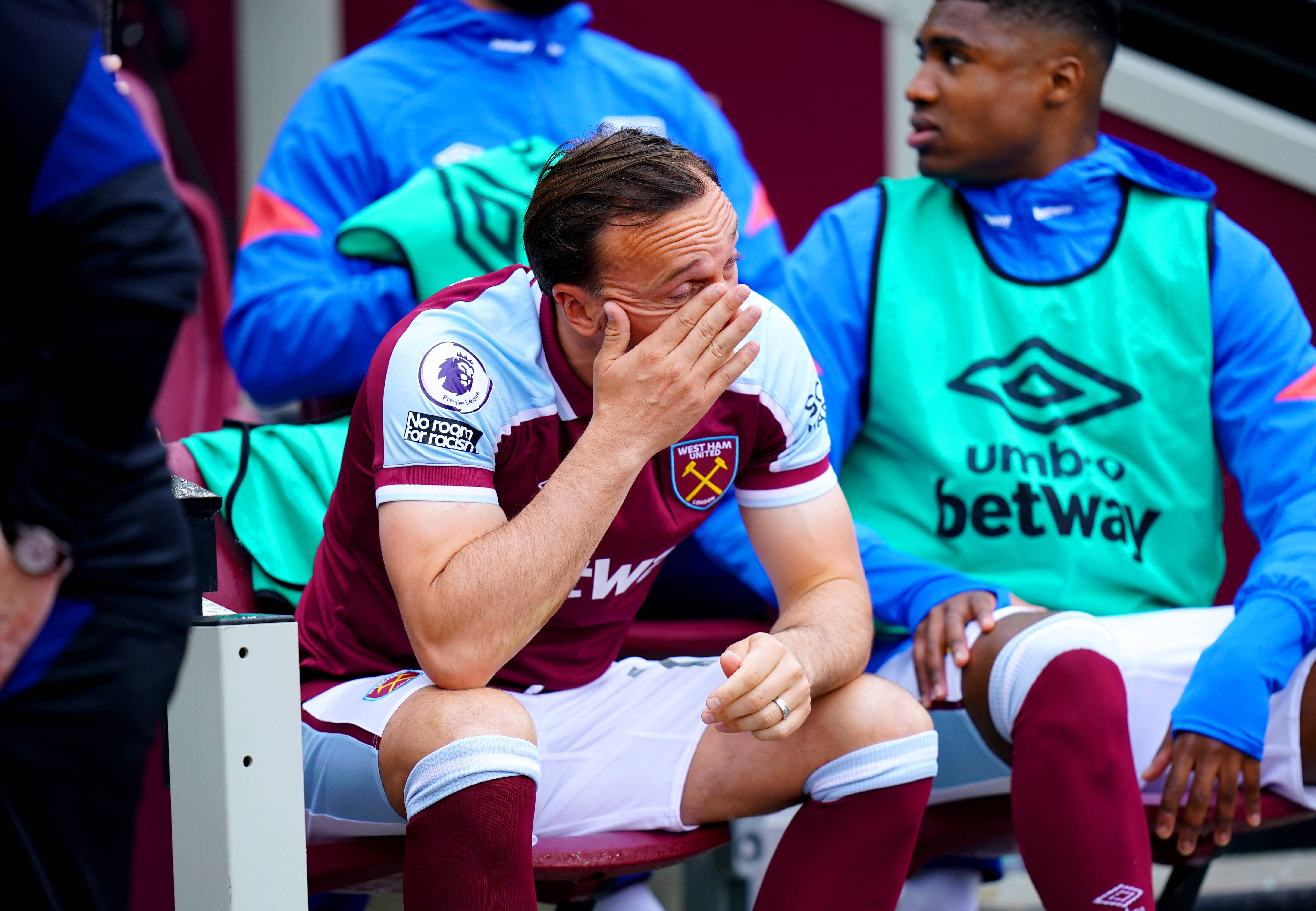 Mark Noble pictured in tears during West Ham's 2-2 draw with Manchester City in May 2022