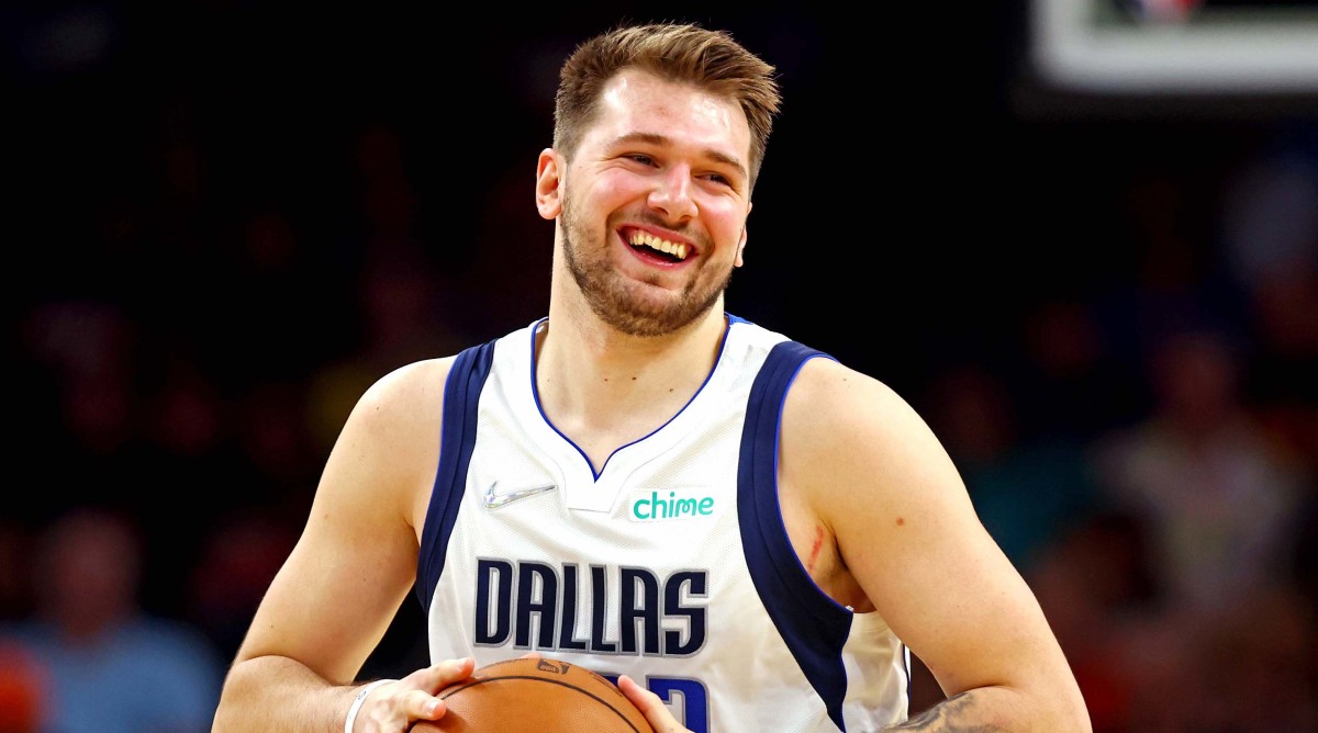 Luka Doncic of the Dallas Mavericks looks on against the Phoenix