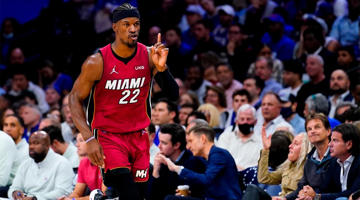 Miami Heat’s Jimmy Butler gestures as he runs down the court during the second half of Game 6 of an NBA basketball second-round playoff series against the Philadelphia 76ers, Thursday, May 12, 2022, in Philadelphia