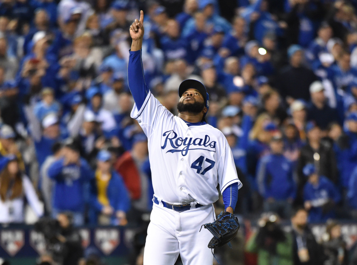 Oct 28, 2015; Kansas City, MO, USA; Kansas City Royals starting pitcher Johnny Cueto (47) reacts after throwing a complete game to defeat the New York Mets in game two of the 2015 World Series at Kauffman Stadium. Mandatory Credit: Peter G. Aiken-USA TODAY Sports