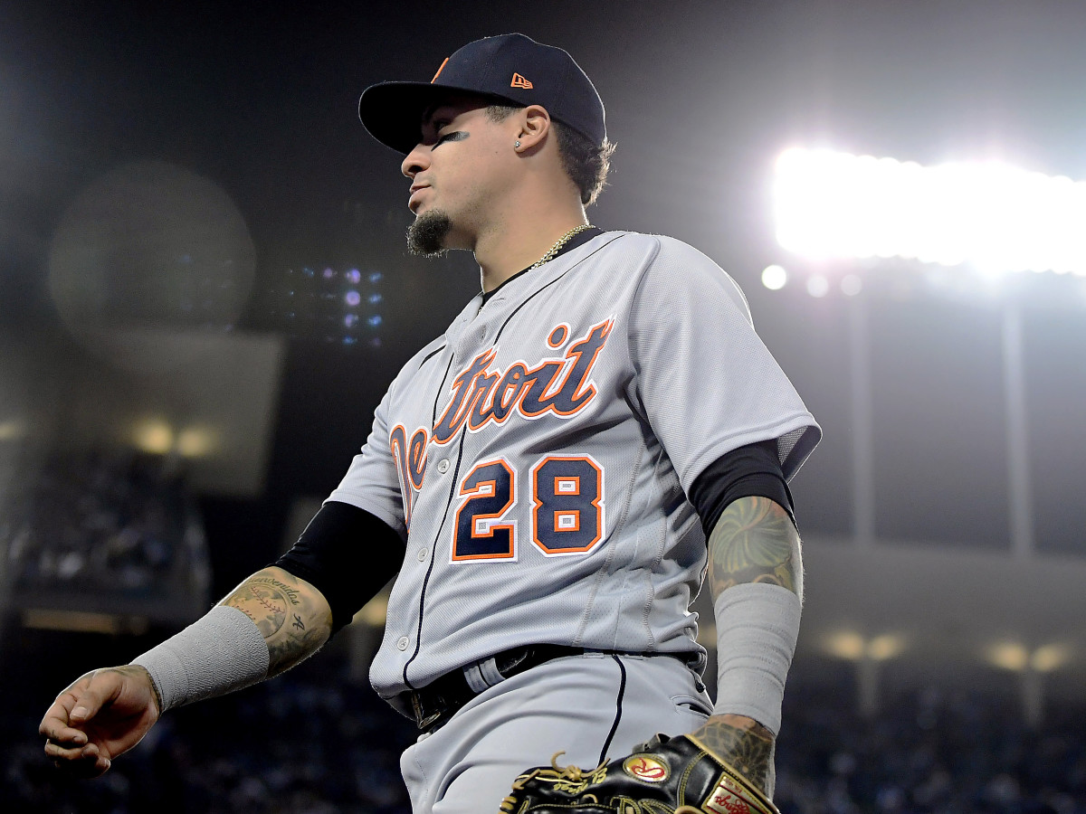 Apr 30, 2022; Los Angeles, California, USA; Detroit Tigers shortstop Javier Baez (28) returns to the dugout following the bottom of the sixth inning against the Los Angeles Dodgers at Dodger Stadium.