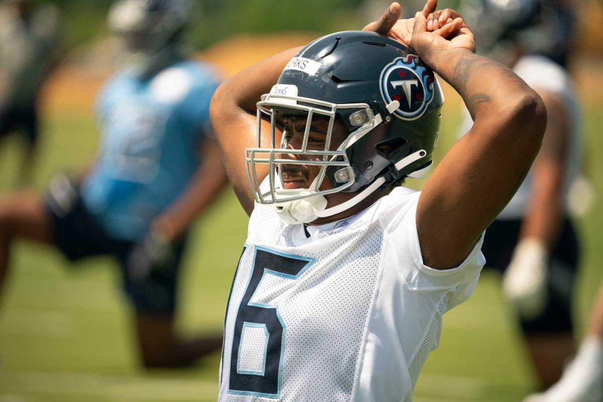 Tennessee Titans wide receiver Treylon Burks (16) stretches during a Rookie Mini-Camp practice at Saint Thomas Sports Park Friday, May 13, 2022, in Nashville, Tenn.