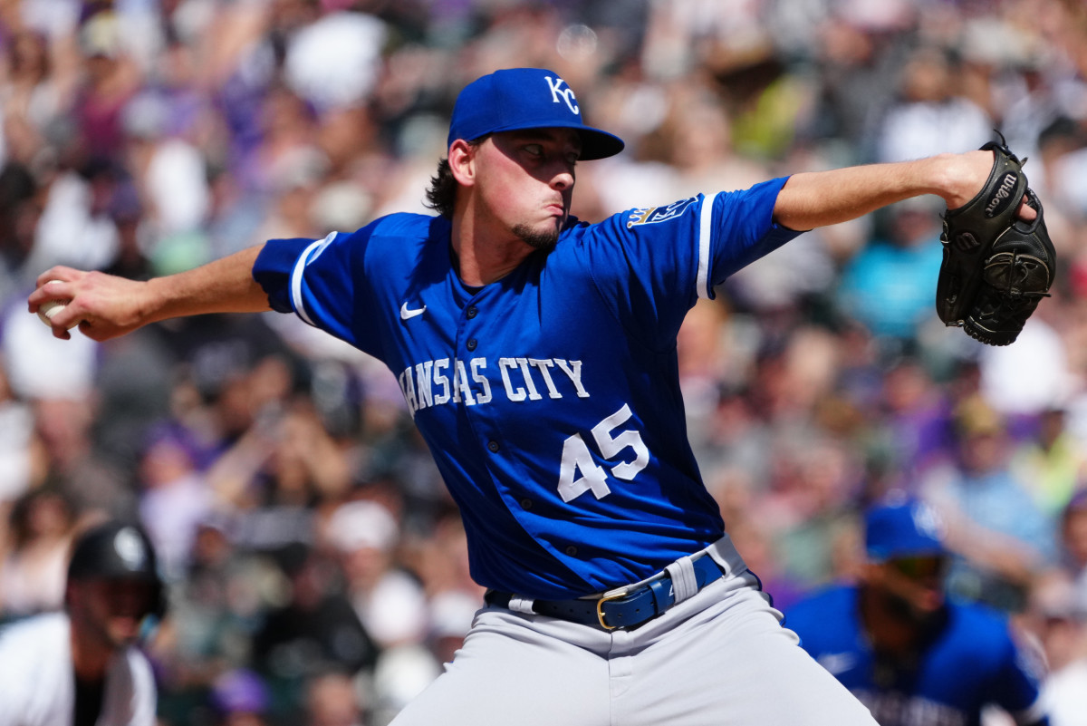May 15, 2022; Denver, Colorado, USA; Kansas City Royals starting pitcher Taylor Clarke (45) delivers a pitch in the seventh inning against the Colorado Rockies at Coors Field. Mandatory Credit: Ron Chenoy-USA TODAY Sports