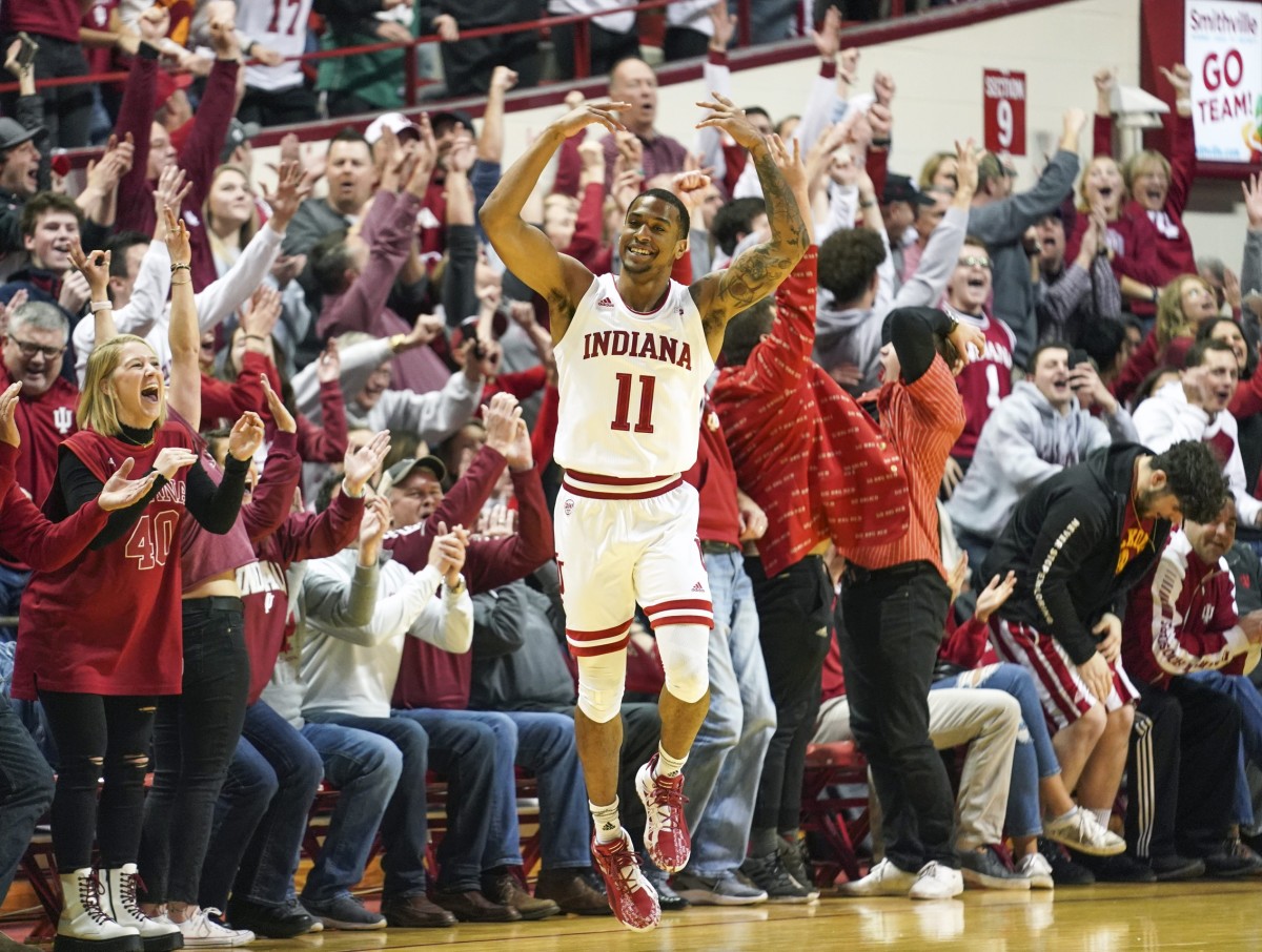 Devonte Green and the Assembly Hall crowd celebrate after Green's 3-pointer against Iowa on Feb. 13, 2020. Green scored 27 points off the bench with a 7-for-11 mark from 3 in Indiana's 89-77 win. 