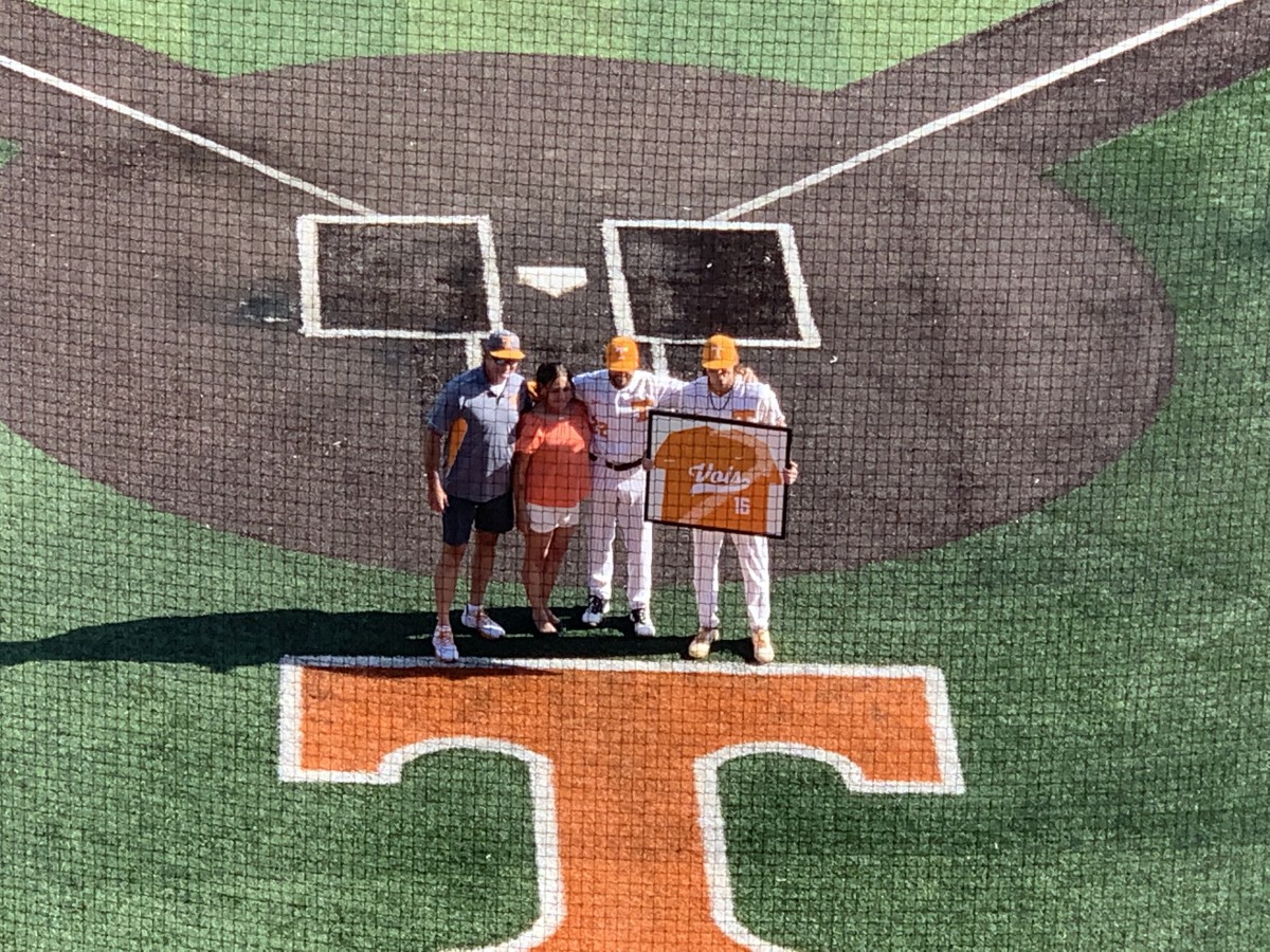 Tennessee senior RHP Camden Sewell is recognized behind home plate in Lindsey Nelson Stadium for Senior Day. 