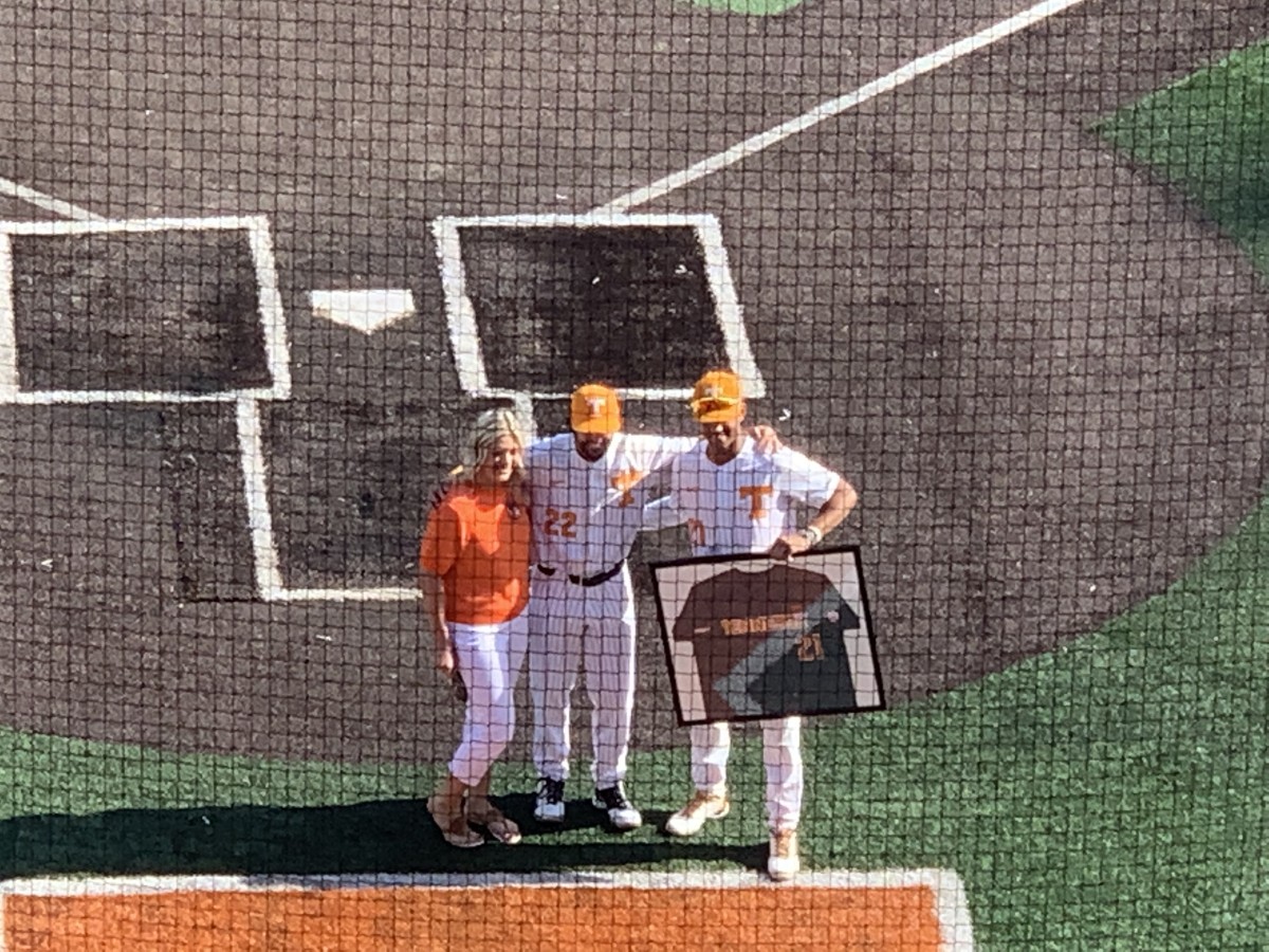 Tennessee senior third baseman Trey Lipscomb is recognized behind home plate in Lindsey Nelson Stadium for Senior Day. 