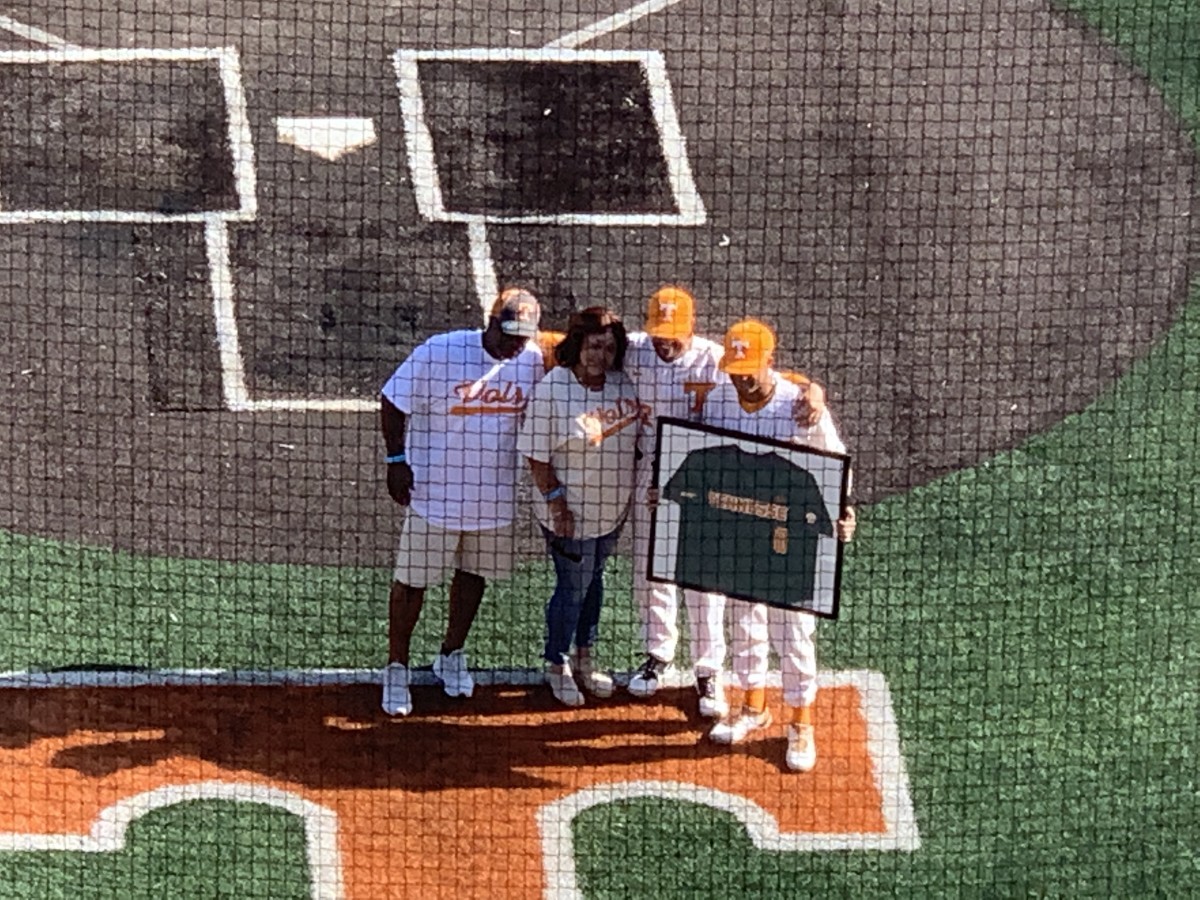 Tennessee senior outfielder Christian Scott is recognized behind home plate in Lindsey Nelson Stadium for Senior Day