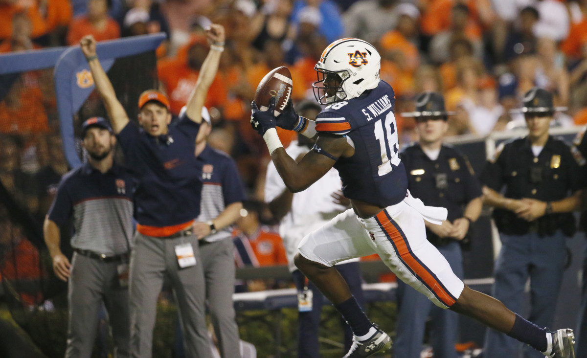 Sep 28, 2019; Auburn, AL, USA; Auburn Tigers receiver Seth Williams (18) makes a catch and scores a touchdown against the Mississippi State Bulldogs during the second quarter at Jordan-Hare Stadium. Mandatory Credit: John Reed-USA TODAY Sports