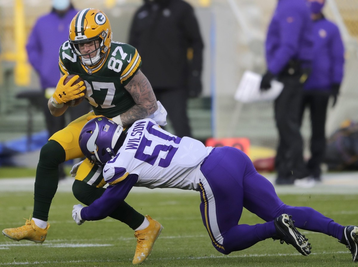 Green Bay Packers tight end Jace Sternberger (87) tackled by Minnesota Vikings linebacker Eric Wilson (50). © William Glasheen via Imagn Content Services, LLC