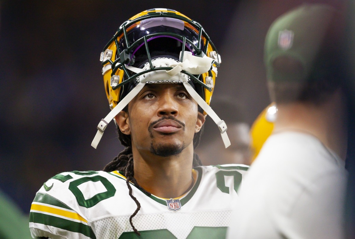 Jan 9, 2022; Detroit, Michigan, USA; Green Bay Packers cornerback Kevin King (20) looks up from the sidelines during the fourth quarter against the Detroit Lions at Ford Field.