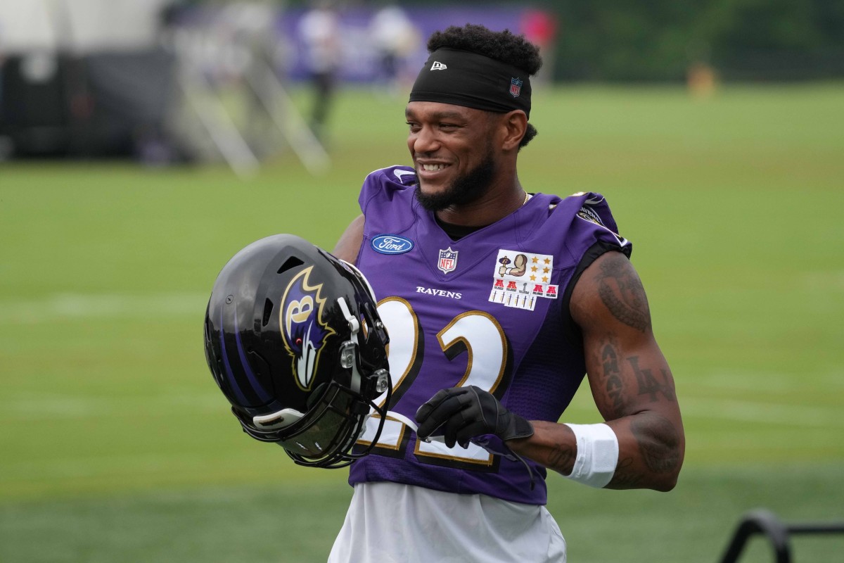 Jul 29, 2021; Owings Mills, MD, USA; Baltimore Ravens cornerback Jimmy Smith (22) practices at the Under Amour Performance Center.