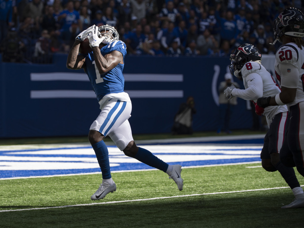 Oct 17, 2021; Indianapolis, Indiana, USA; Indianapolis Colts wide receiver Parris Campbell (1) catches the ball for a touchdown during the first quarter against the Houston Texans at Lucas Oil Stadium. Mandatory Credit: Marc Lebryk-USA TODAY Sports