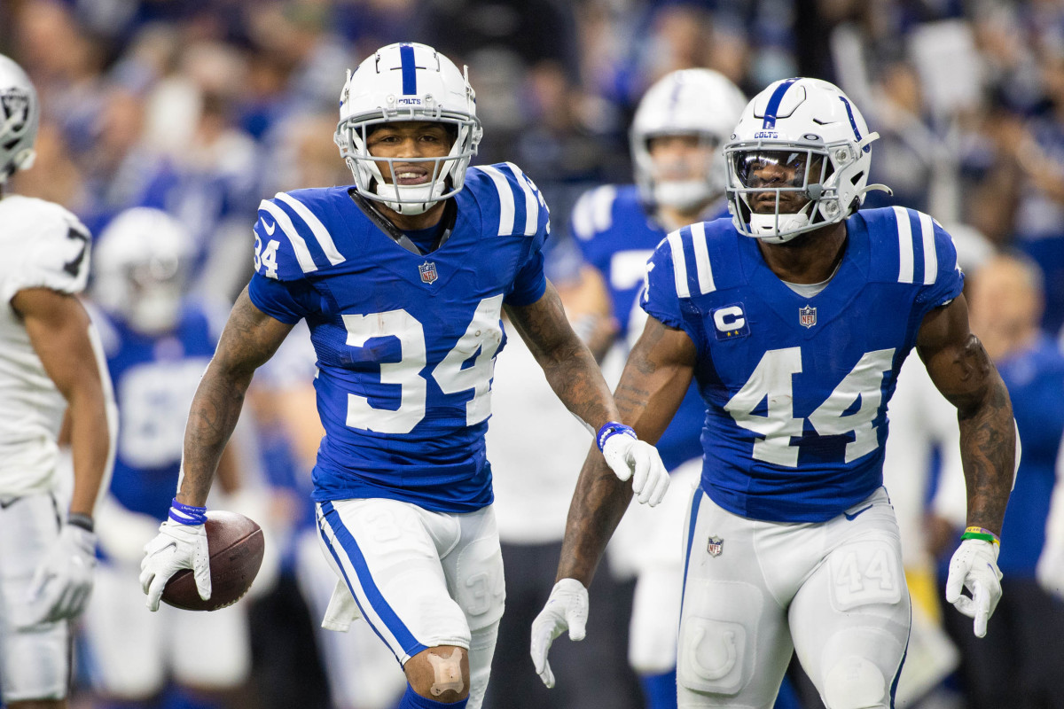 Jan 2, 2022; Indianapolis, Indiana, USA; Indianapolis Colts cornerback Isaiah Rodgers (34) celebrates his interception in the first quarteragainst the Las Vegas Raiders at Lucas Oil Stadium. Mandatory Credit: Trevor Ruszkowski-USA TODAY Sports