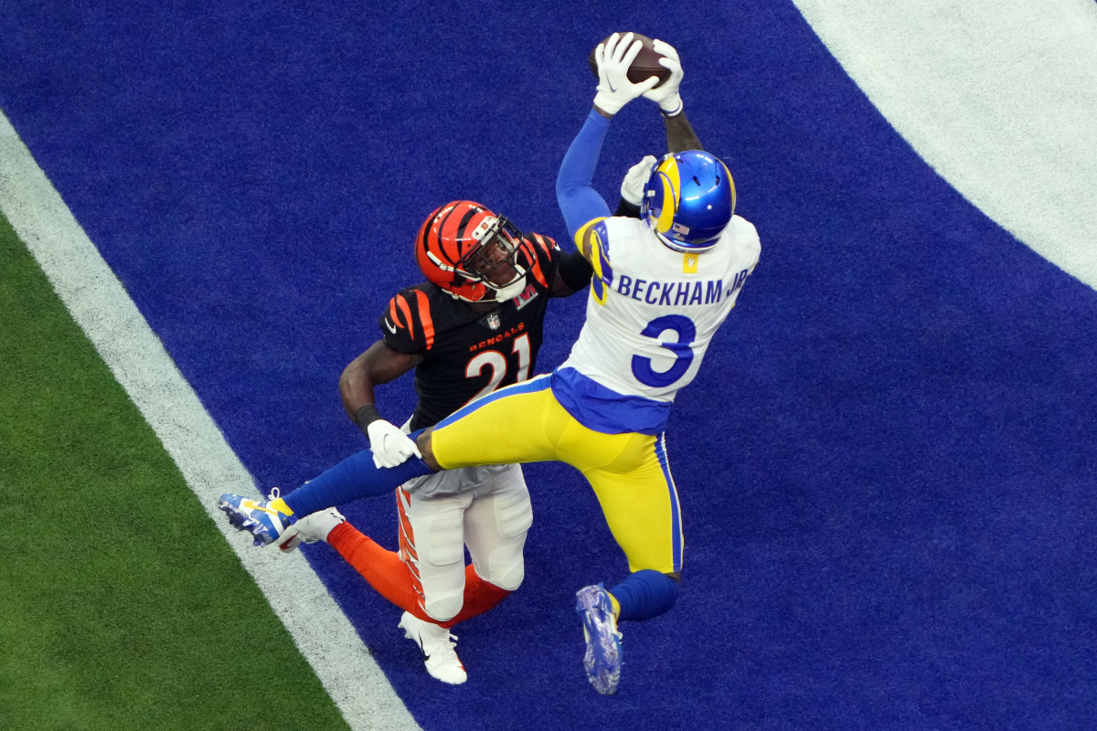 Feb 13, 2022; Inglewood, California, USA; Los Angeles Rams wide receiver Odell Beckham Jr. (3) makes a catch for a touchdown against Cincinnati Bengals wide receiver Ja'Marr Chase (1) in the first quarter in Super Bowl LVI at SoFi Stadium. Mandatory Credit: Kirby Lee-USA TODAY Sports