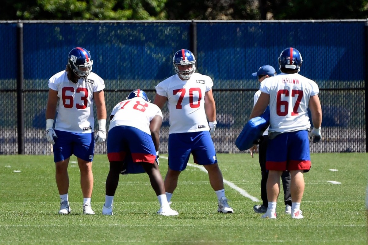 The offensive line practices during Day 1 of New York Giants minicamp on Tuesday, June 4, 2019, in East Rutherford. Nyg Minicamp