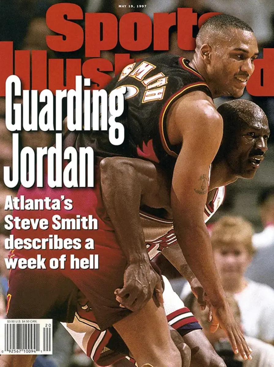 Sports Illustrated cover from 1997 featuring Steve Smith guarding Michael Jordan