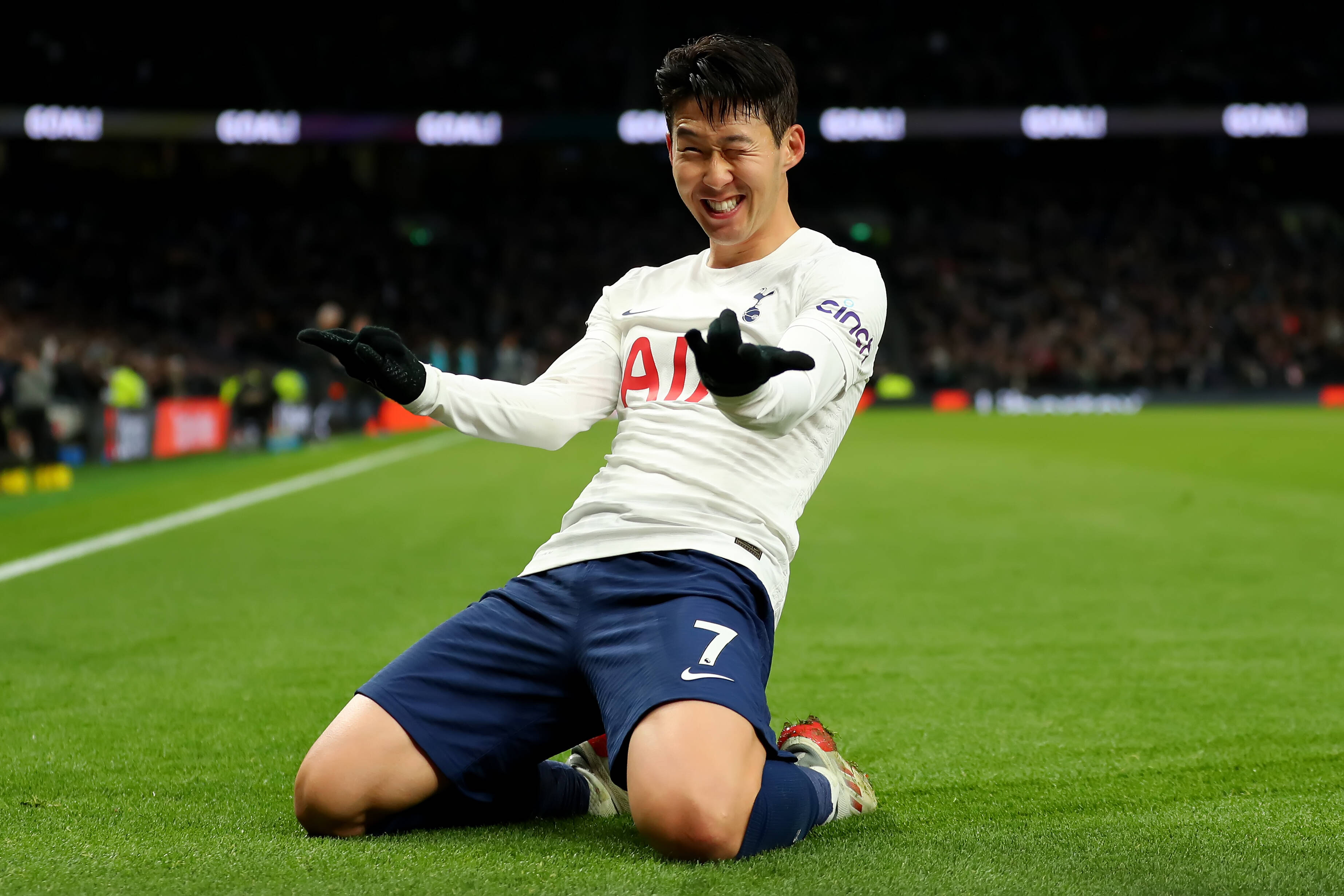 Son Heung-min pictured celebrating after scoring for Tottenham in a 3-0 win over Norwich in December 2021