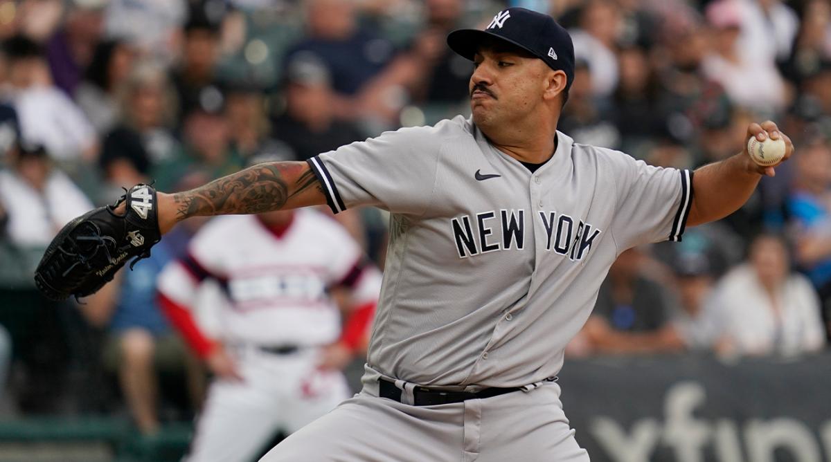 New York Yankees starting pitcher Nestor Cortes throws against the Chicago White Sox during the first inning of a baseball game in Chicago, Sunday, May 15, 2022.