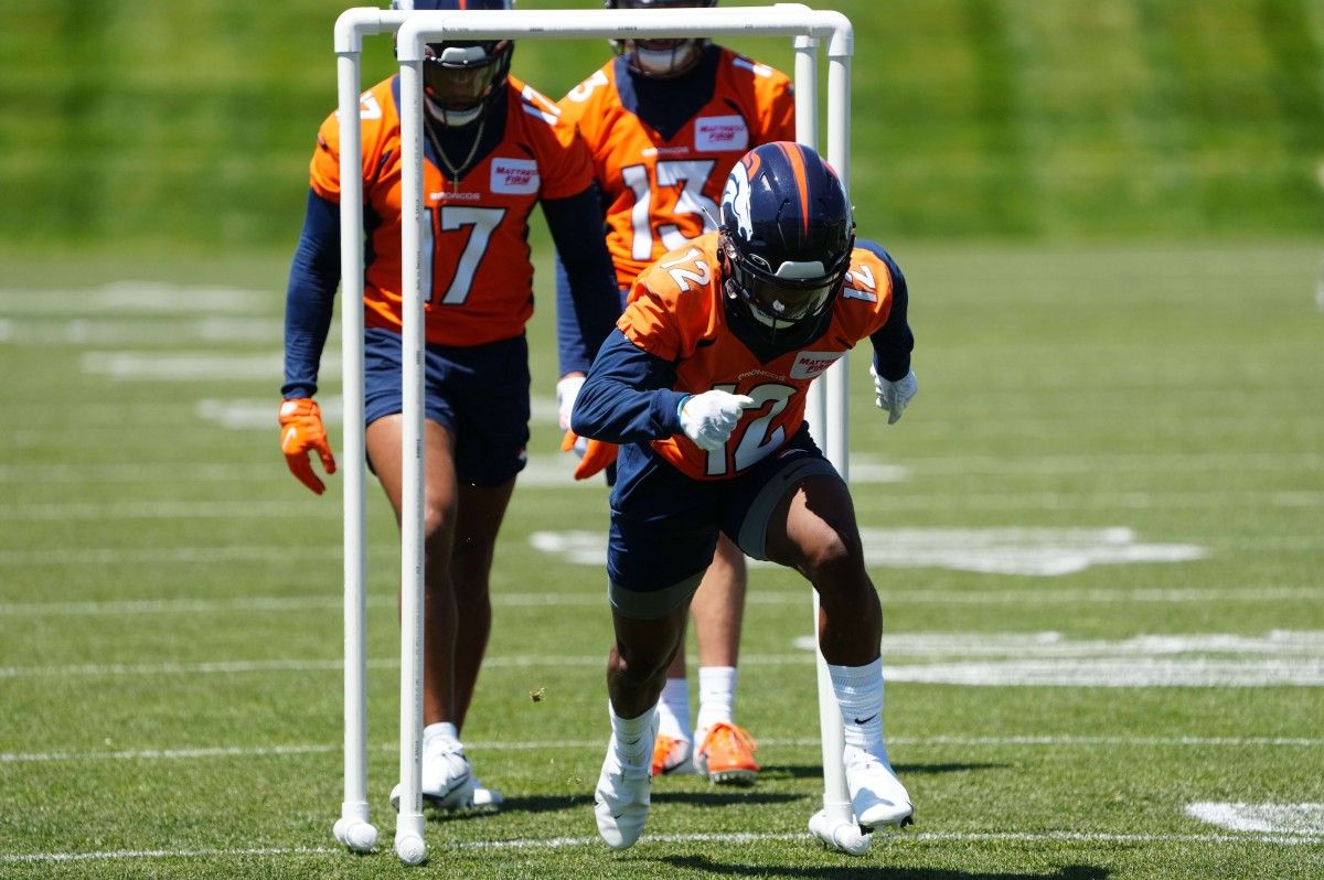 Denver Bronco wide receiver Montrell Washington (12) during mini camp drills at UCHealth Training Center.