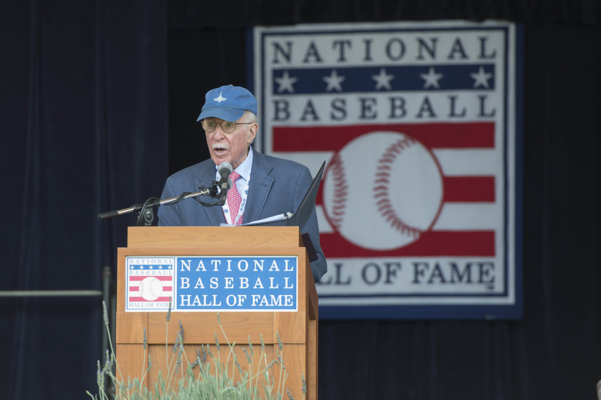 Roger Angell give his acceptance speak after receiving the J G Taylor Spink Award at National Baseball Hall of Fame.