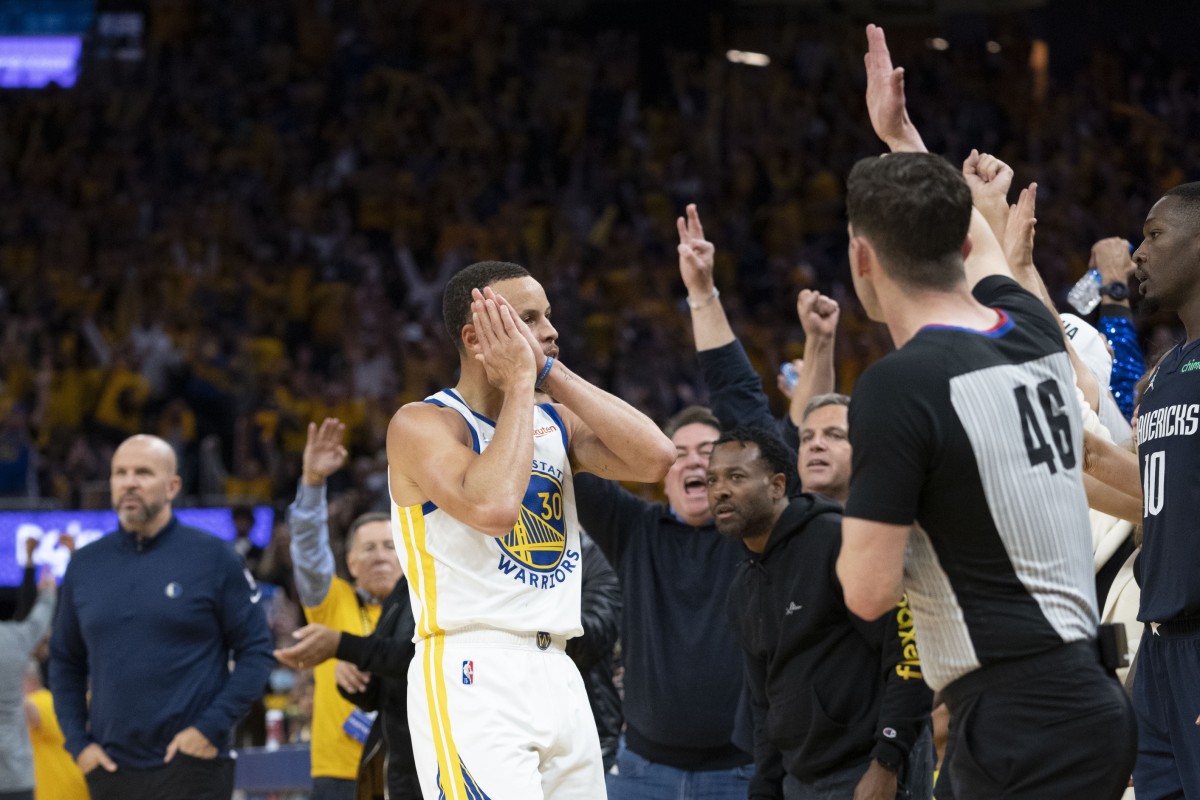 May 20, 2022; San Francisco, California, USA; Golden State Warriors guard Stephen Curry (30) celebrates against the Dallas Mavericks during the fourth quarter in game two of the 2022 western conference finals at Chase Center. Mandatory Credit: Kyle Terada-USA TODAY Sports