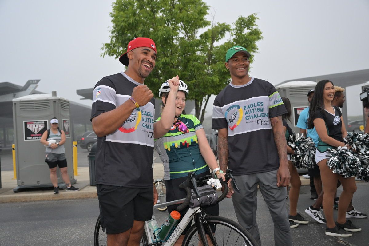 Jalen Hurts and DeVonta Smith (right) at the Eagles Autism Challenge on May 21, 2022
