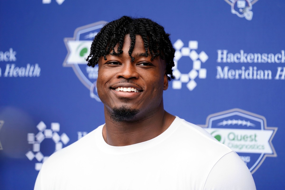 New York Giants linebacker Azeez Ojulari talks to reporters after organized team activities (OTAs) at the training center in East Rutherford on Thursday, May 19, 2022.