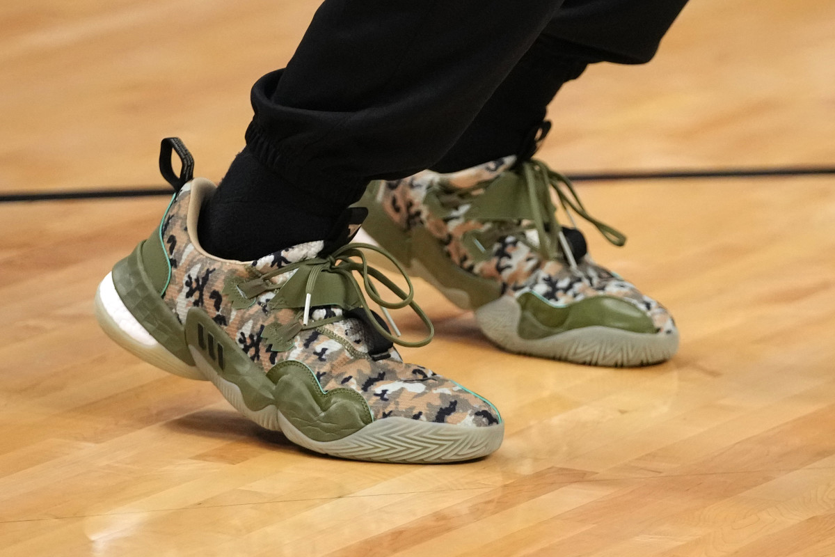 A detailed view of the sneakers worn by Atlanta Hawks guard Trae Young while he warms up for game two of the first round for the 2022 NBA playoffs against the Miami Heat at FTX Arena.