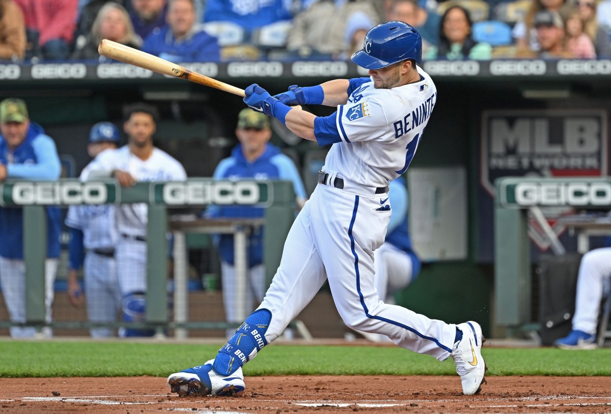 May 21, 2022; Kansas City, Missouri, USA; Kansas City Royals left fielder Andrew Benintendi (16) singles against the Minnesota Twins during the first inning at Kauffman Stadium. Mandatory Credit: Peter Aiken-USA TODAY Sports