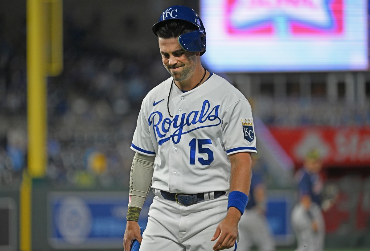 May 20, 2022; Kansas City, Missouri, USA; Kansas City Royals right fielder Whit Merrifield (15) walks off the field after losing to the Minnesota Twins at Kauffman Stadium. Mandatory Credit: Peter Aiken-USA TODAY Sports