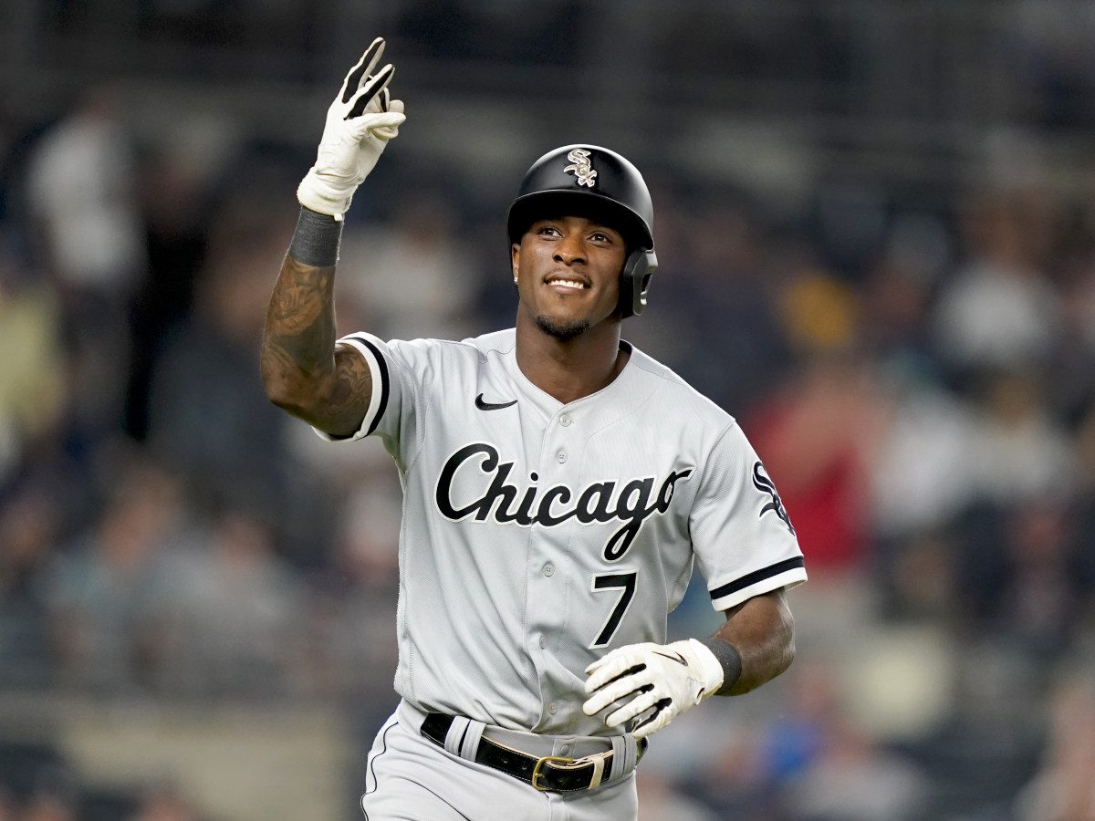 Chicago White Sox’ Tim Anderson reacts towards the crowd while running the bases after hitting a three-run home run off New York Yankees relief pitcher Miguel Castro in the eighth inning of the second baseball game of a doubleheader, Sunday, May 22, 2022, in New York.
