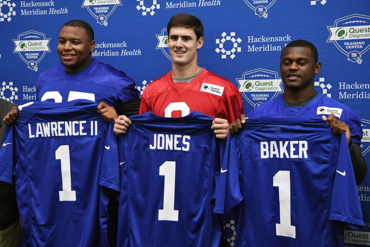 (from left) Dexter Lawrence II, Daniel Jones and Deandre Baker during New York Giants Rookie Minicamp at the Quest Diagnostics Training Center on Friday, May 3, 2019.
