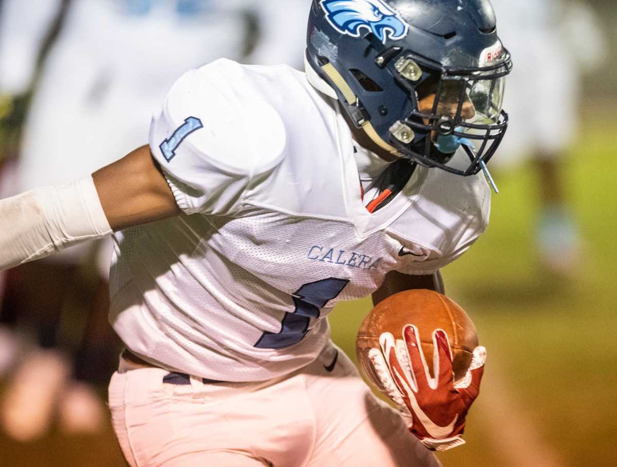 Calera's Kobe Prentice (1) runs after a catch at Foshee-Henderson Stadium in Milbrook, Ala., on Friday, Oct. 1, 2021. Calera leads Stanhope Elmore 7-3 at halftime
