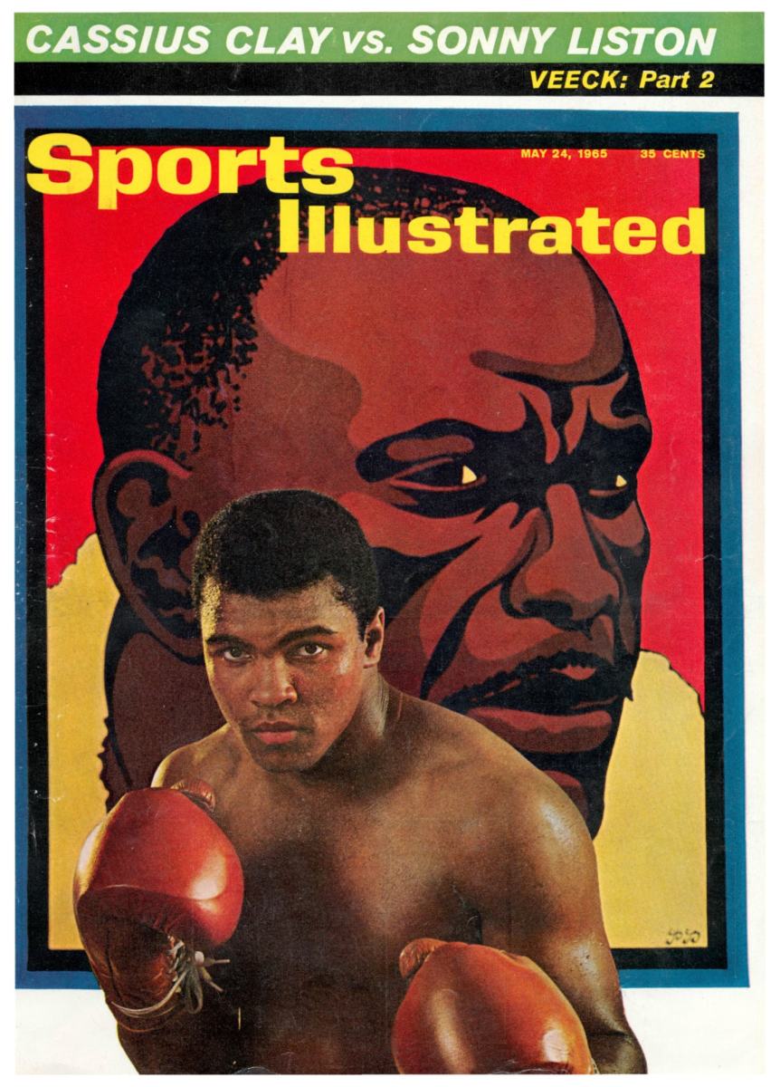 Sports Illustrated cover featuring photo of Muhammad Ali in front of painting of Sonny Liston