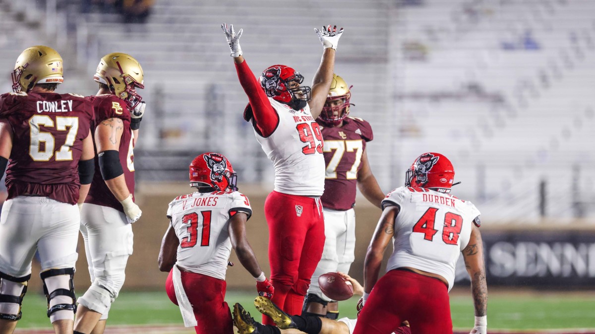 North Carolina State Wolfpack defensive lineman Daniel Joseph (99) reacts after a tackle against the Boston College Eagles during the second half at Alumni Stadium.