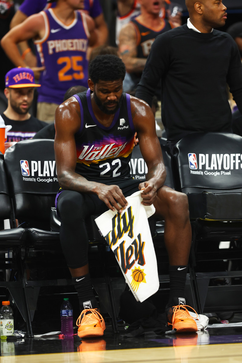 Phoenix Suns center Deandre Ayton (22) reacts on the bench against the Dallas Mavericks in game seven of the second round for the 2022 NBA playoffs at Footprint Center.