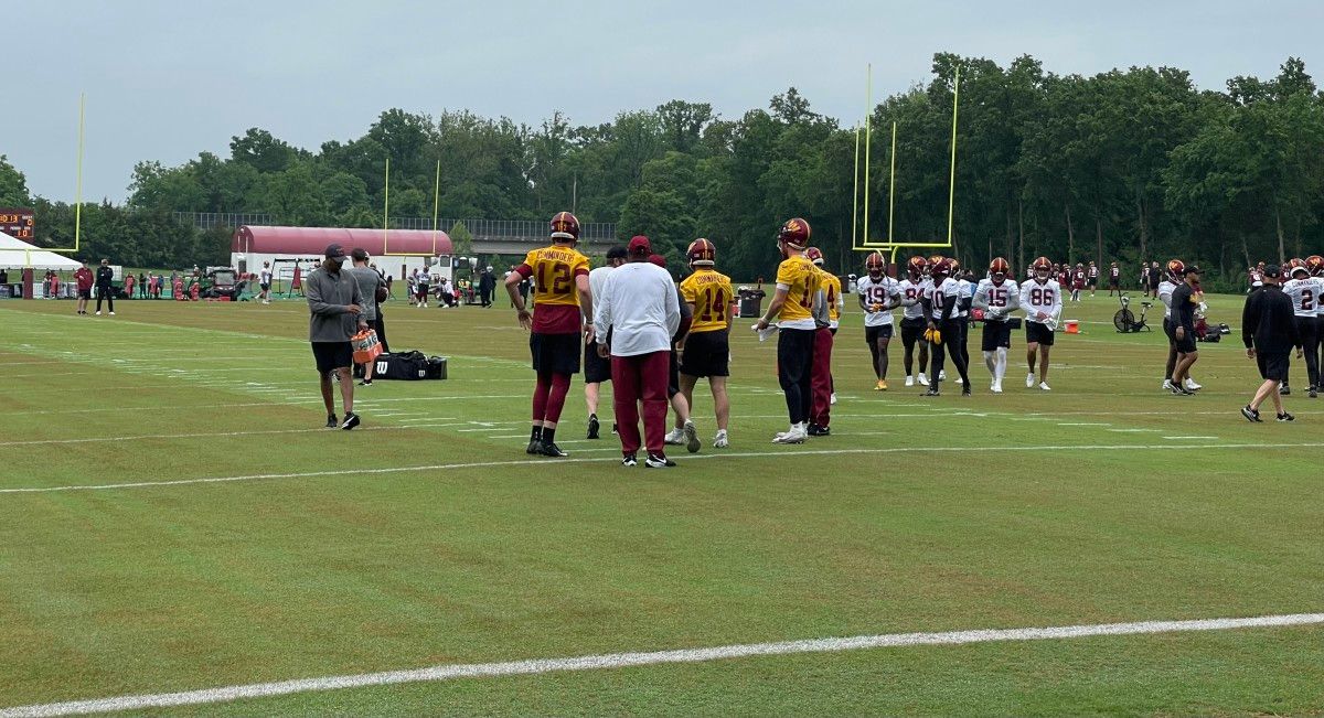 Washington Commanders quarterbacks Carson Wentz, Sam Howell, Taylor Heinicke, and Cole Kelley, OTAs 24 May