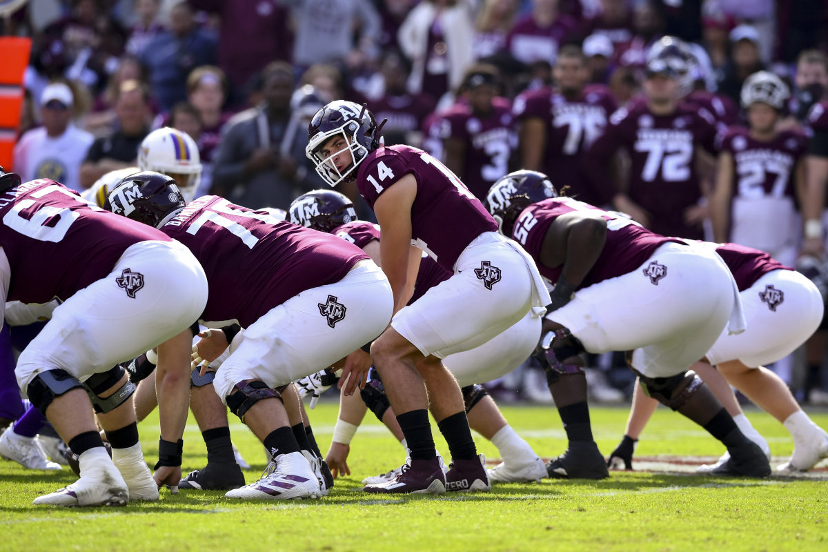 Nov 20, 2021; College Station, Texas, USA; Texas A&M Aggies quarterback Blake Bost (14) calls the play during the fourth quarter against the Prairie View Am Panthers at Kyle Field. Mandatory Credit: Maria Lysaker-USA TODAY Sports