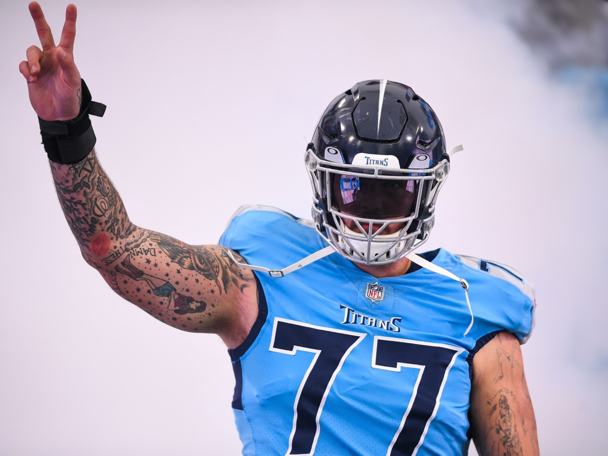 Tennessee Titans offensive tackle Taylor Lewan (77) against the Miami Dolphins during the first half at Nissan Stadium.