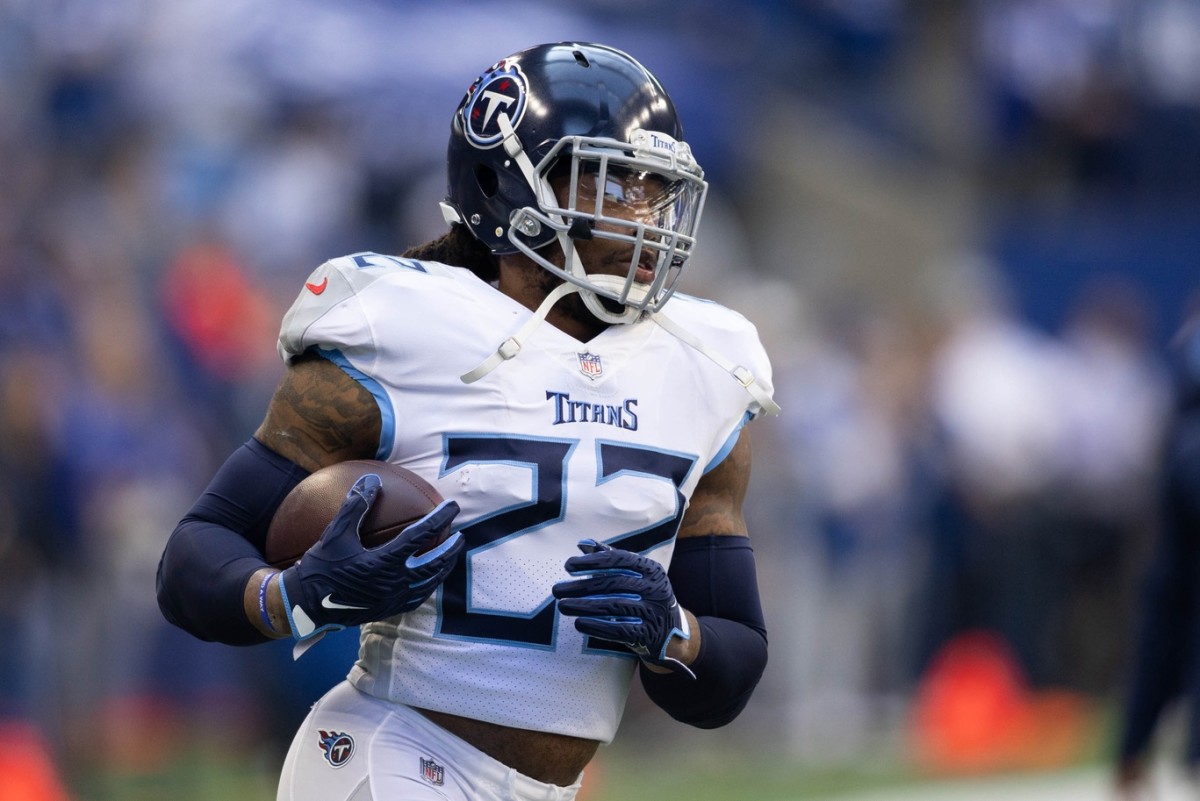 Tennessee Titans running back Derrick Henry (22) runs the ball during warm ups against the Indianapolis Colts at Lucas Oil Stadium.