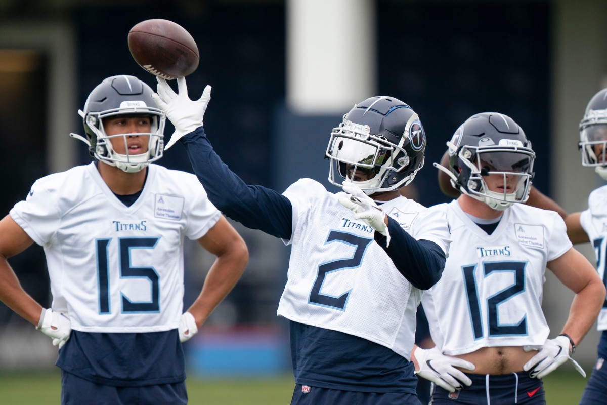 Tennessee Titans wide receiver Robert Woods (2) tosses the ball during practice at Saint Thomas Sports Park Tuesday, May 24, 2022, in Nashville, Tenn.